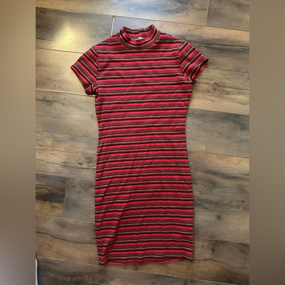 Garage Striped Mock Neck Bodycon Dress Red Brown Retro Y2K Cotton M
